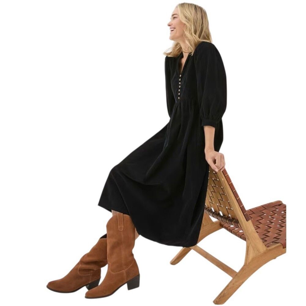 FAT FACE Ceil Black Corduroy Midi Dress Oversized Cottagecore US12 UK16 EU44 NEW